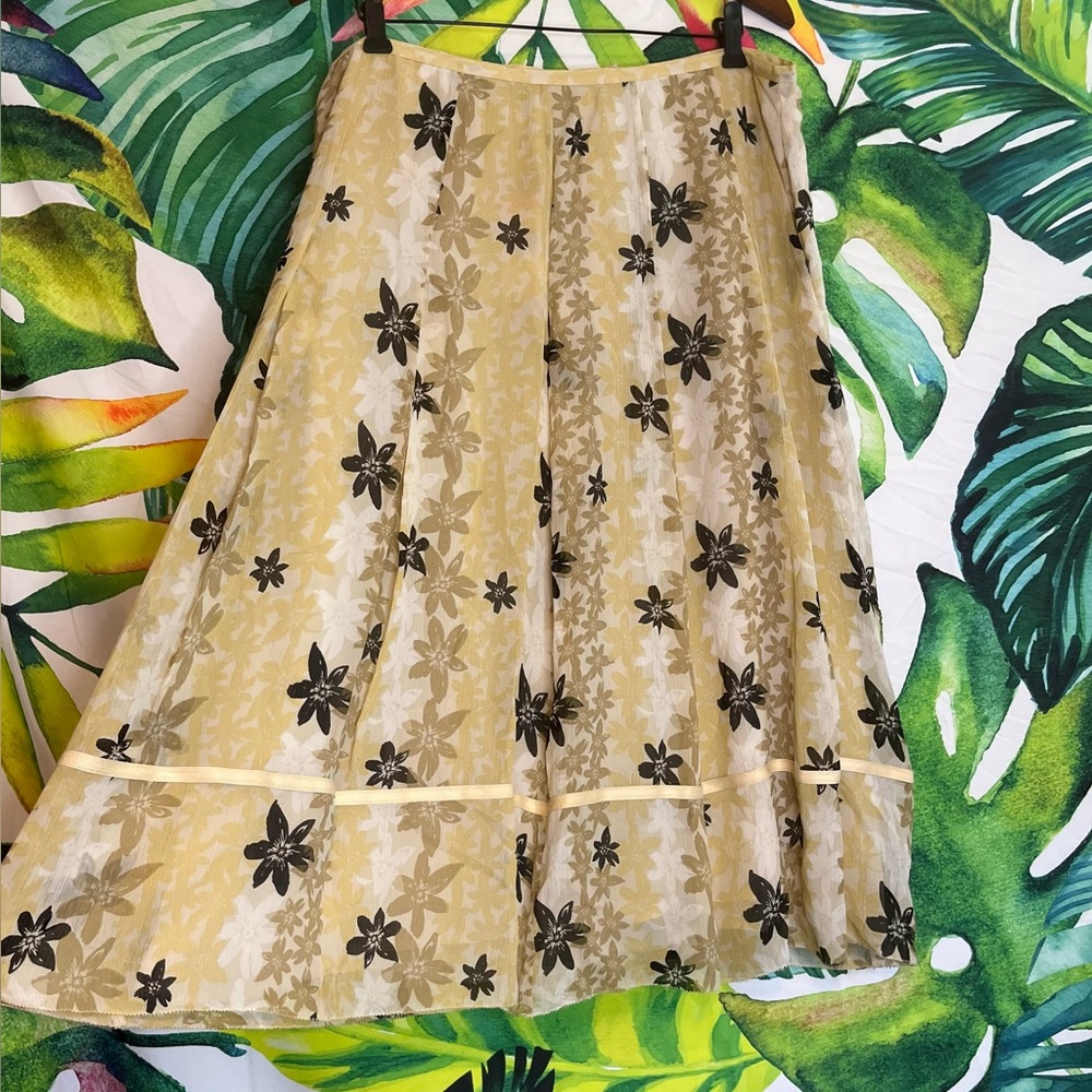 NWT $159 Sigrid Olsen 14W 100% Silk Cream Black Floral Teacher Church Midi Skirt